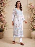 Ivory Bloom Cotton Chikankari A-Line Kurti for Women | Lucknowi Hand Embroidery