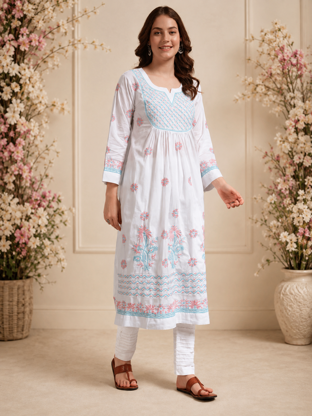 Ivory Bloom Cotton Chikankari A-Line Kurti for Women | Lucknowi Hand Embroidery
