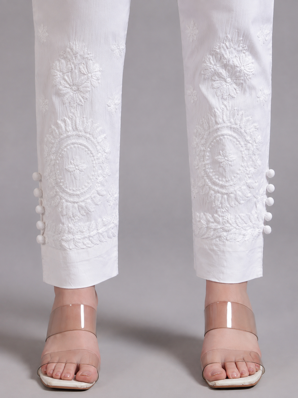 Tazaki White Handcrafted Chikankari Lycra Pant for Women | Luxury Ethnic Bottom Wear