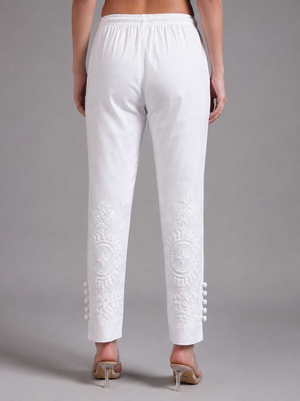 Tazaki White Handcrafted Chikankari Lycra Pant for Women | Luxury Ethnic Bottom Wear