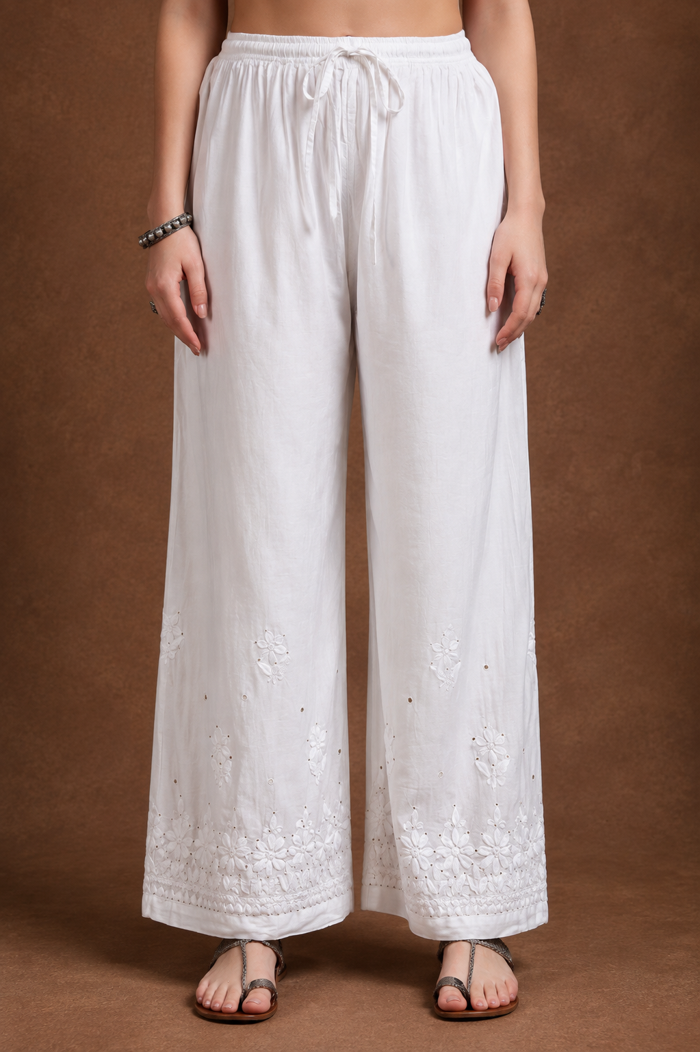 Luxury White Chikankari & Mukesh Work Palazzo for Women | Premium Designer Ethnic Bottom Wear