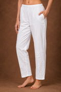 Tazaki White Cotton Lycra Embroidered Straight Pants for Women | Premium Ethnic Bottom Wear
