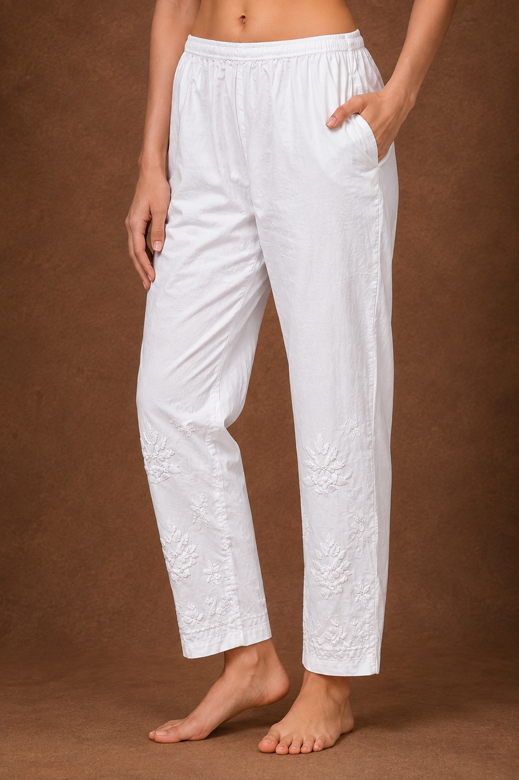 Tazaki White Cotton Lycra Embroidered Straight Pants for Women | Premium Ethnic Bottom Wear