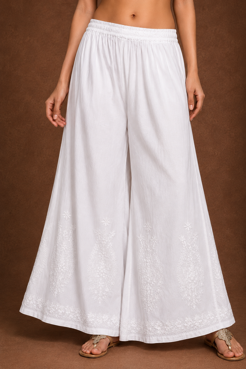 Tazaki White Embroidered Cotton Palazzo for Women | Premium Flared Ethnic Bottom Wear