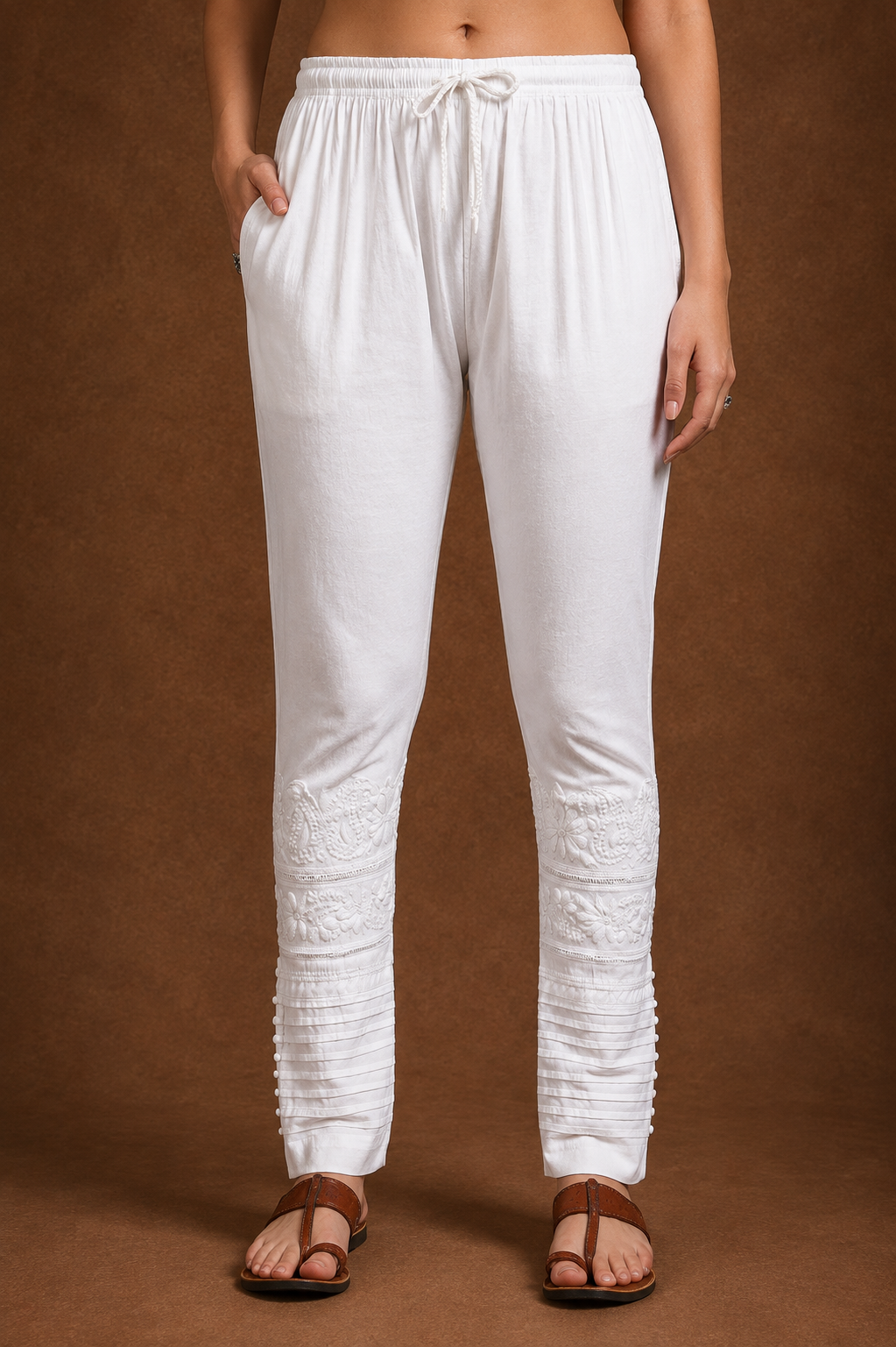 Tazaki White Handcrafted Chikankari Lycra Pant for Women | Premium Ethnic Bottom Wear