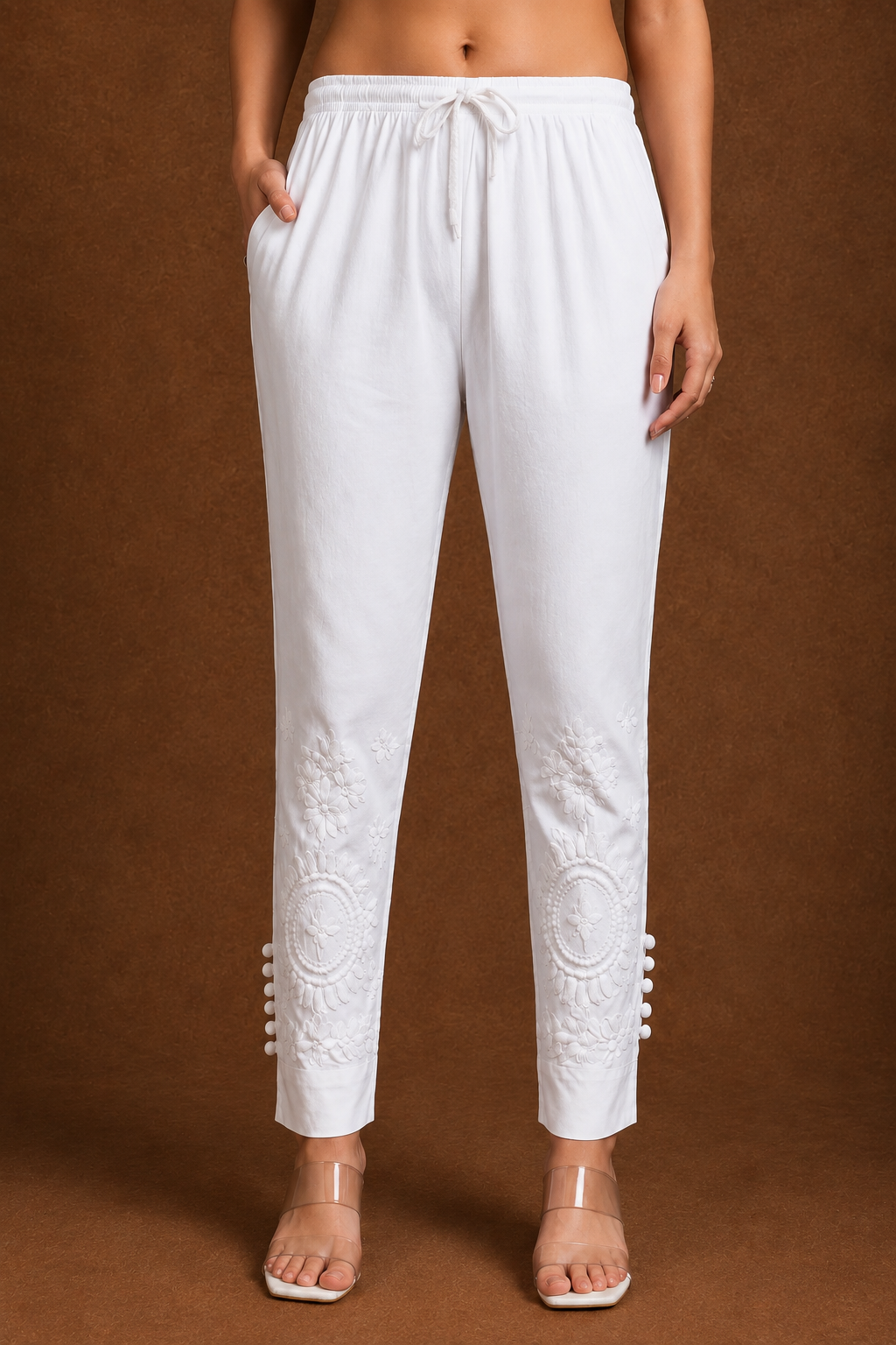 Tazaki White Handcrafted Chikankari Lycra Pant for Women | Luxury Ethnic Bottom Wear