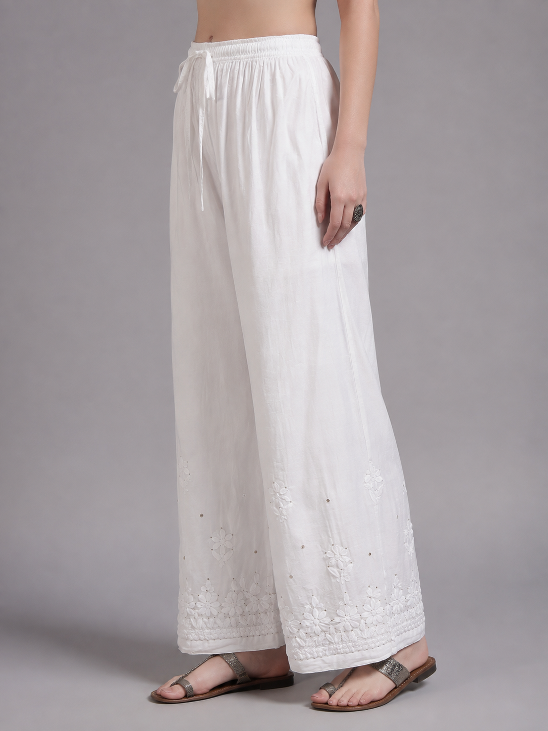 Luxury White Chikankari & Mukesh Work Palazzo for Women | Premium Designer Ethnic Bottom Wear