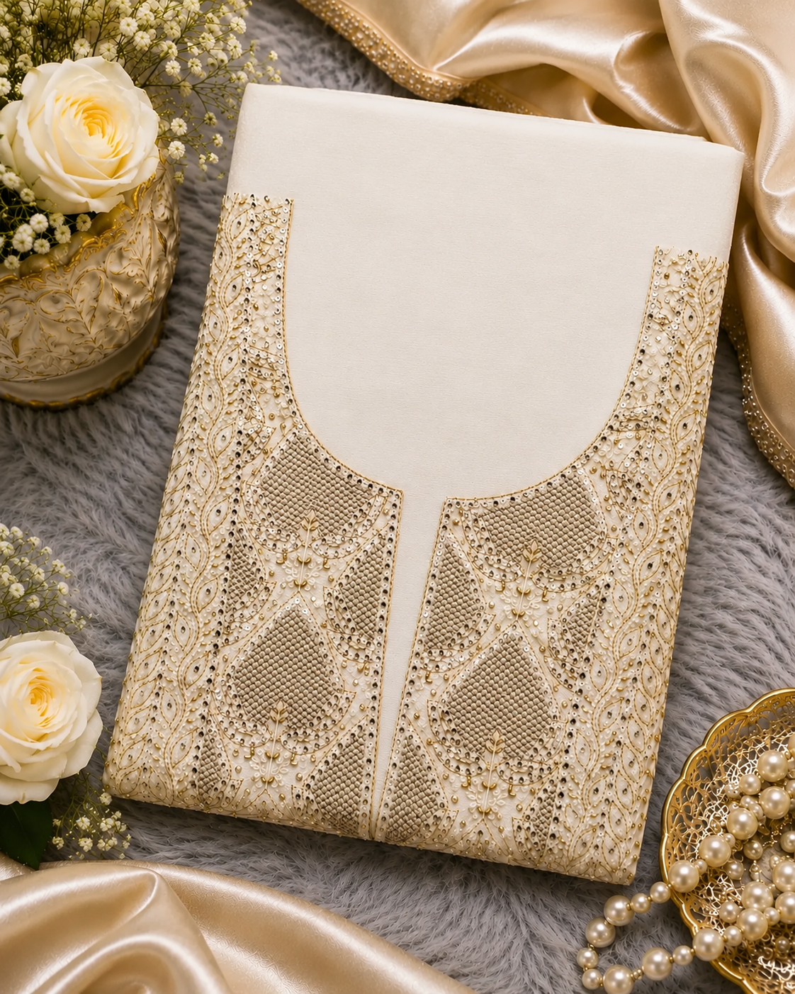 Luxury White Muslin Aari Zardozi & Mukesh Work Unstitched Suit | Premium Handcrafted Festive Collection