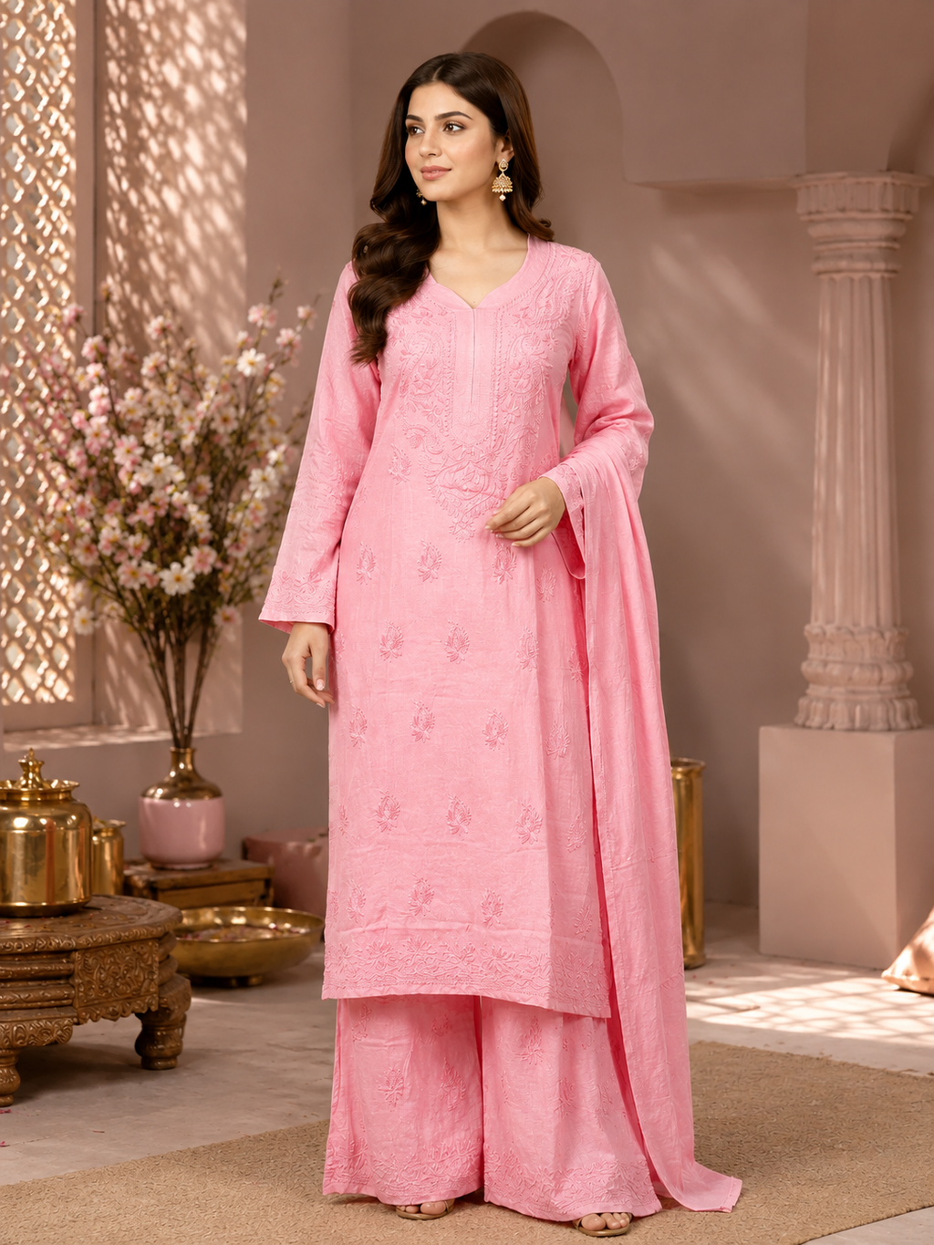 Luxury Muslin Chikankari Kurta Palazzo Dupatta Set for Women | Premium Hand Embroidered Ethnic Wear