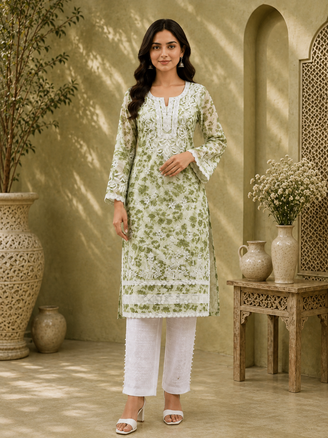 Premium Floral Printed Cotton Kurti for Women | Elegant Lace Detailed Ethnic Wear