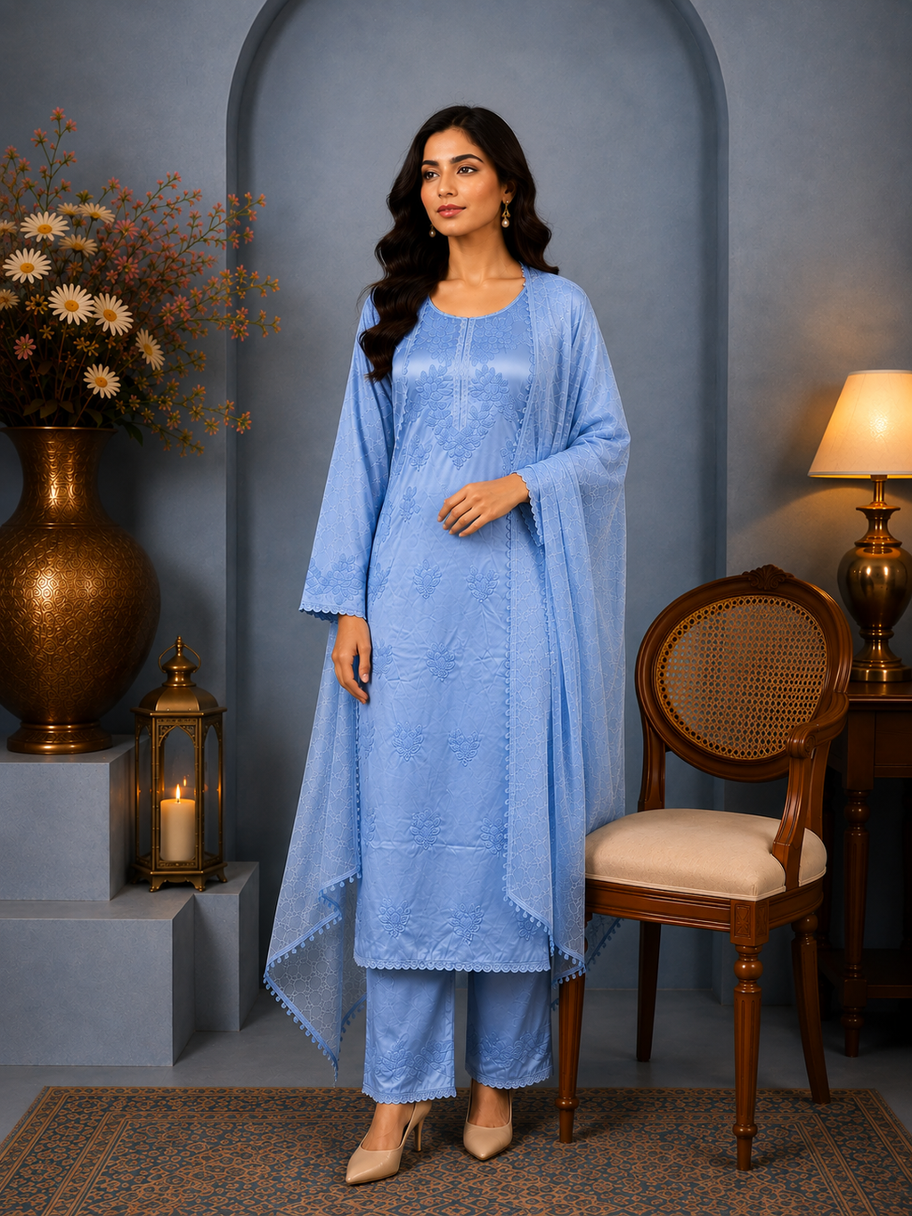 Luxury Satoron Muslin Chikankari Kurta Pant Dupatta Set for Women