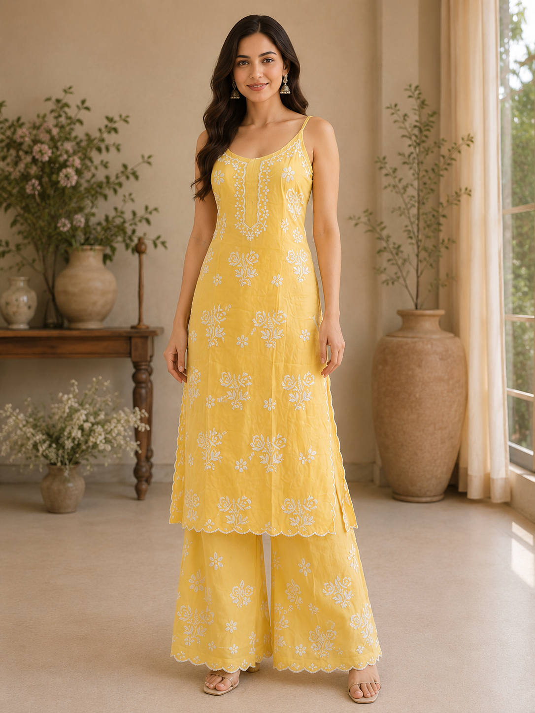 Premium Modal Chikankari Strap Kurta Palazzo Set for Women | Handcrafted Embroidered Co-Ord Set