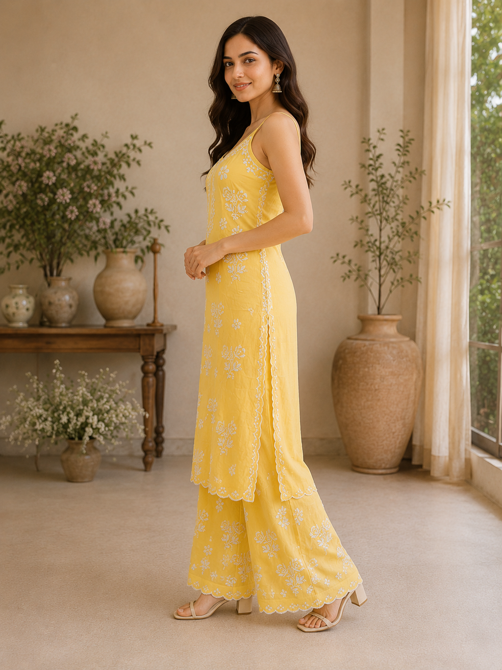 Premium Modal Chikankari Strap Kurta Palazzo Set for Women | Handcrafted Embroidered Co-Ord Set