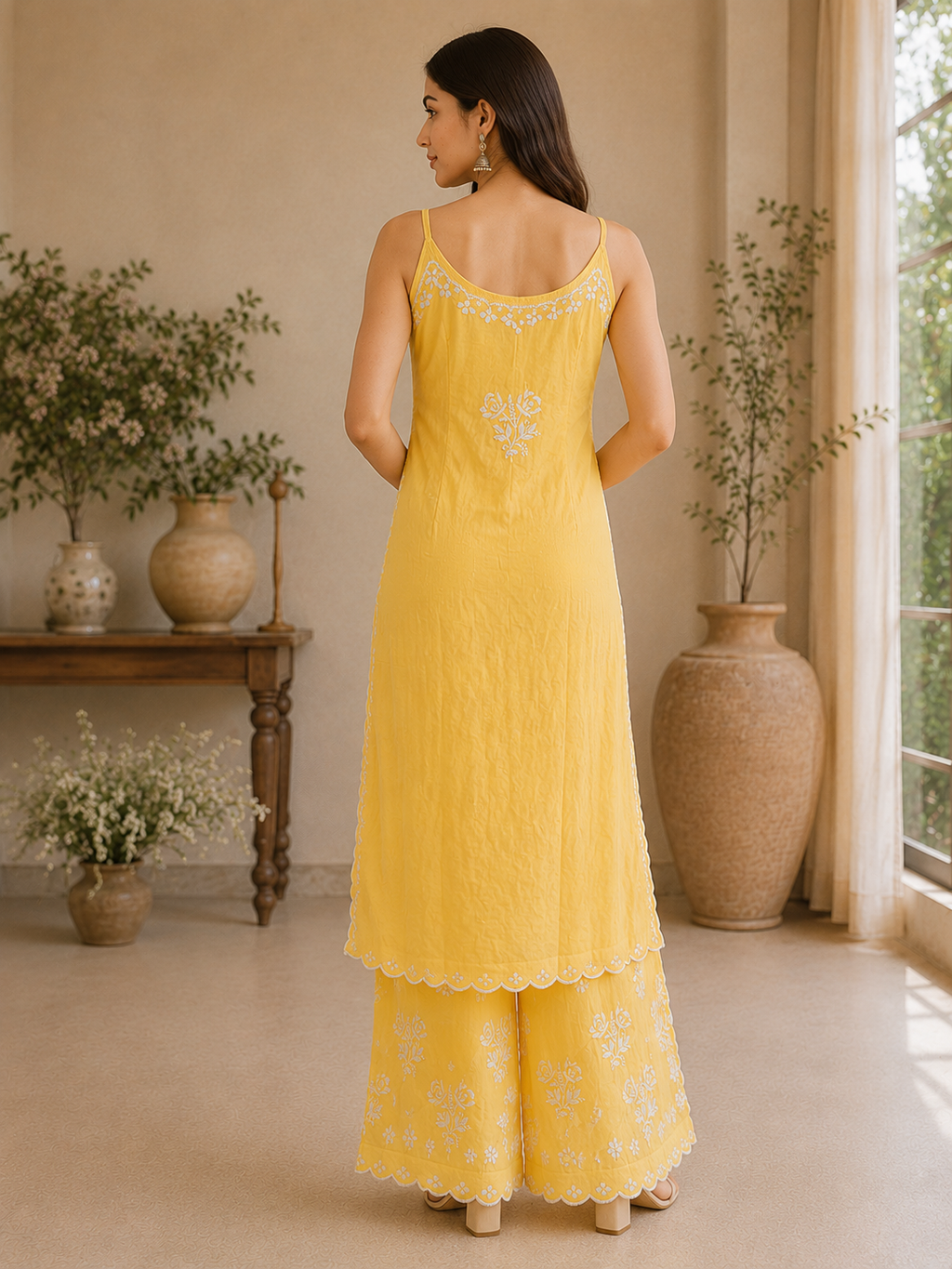 Premium Modal Chikankari Strap Kurta Palazzo Set for Women | Handcrafted Embroidered Co-Ord Set