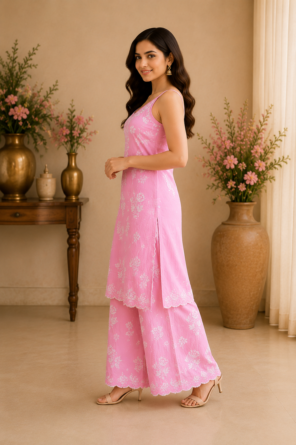 Premium Modal Chikankari Strap Kurta Palazzo Set for Women | Handcrafted Embroidered Co-Ord Set