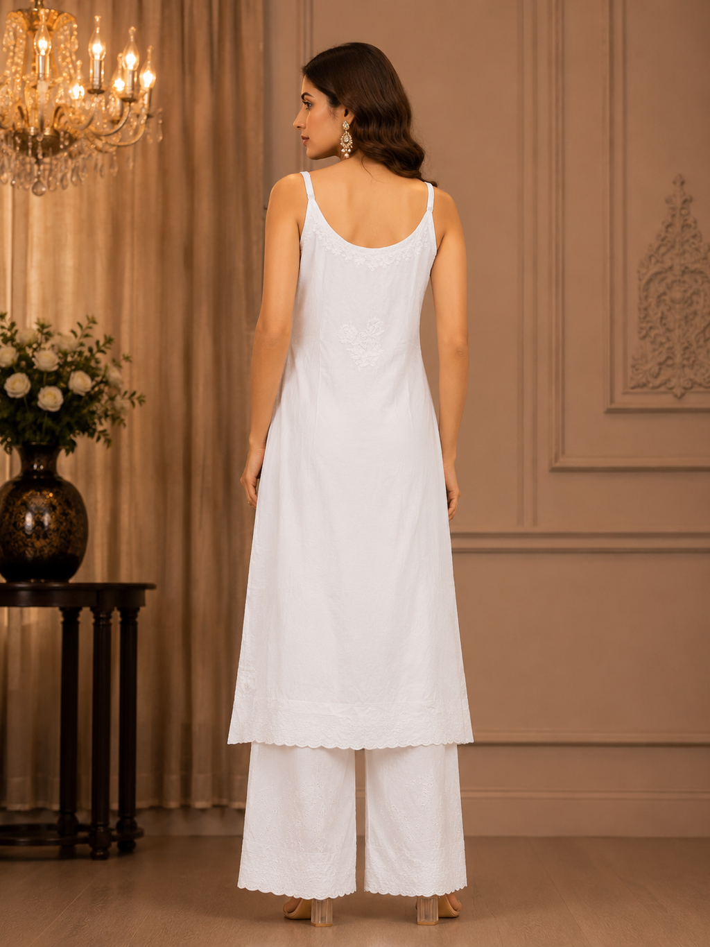 Premium Modal Chikankari Strap Kurta Palazzo Set for Women | Handcrafted Embroidered Co-Ord Set