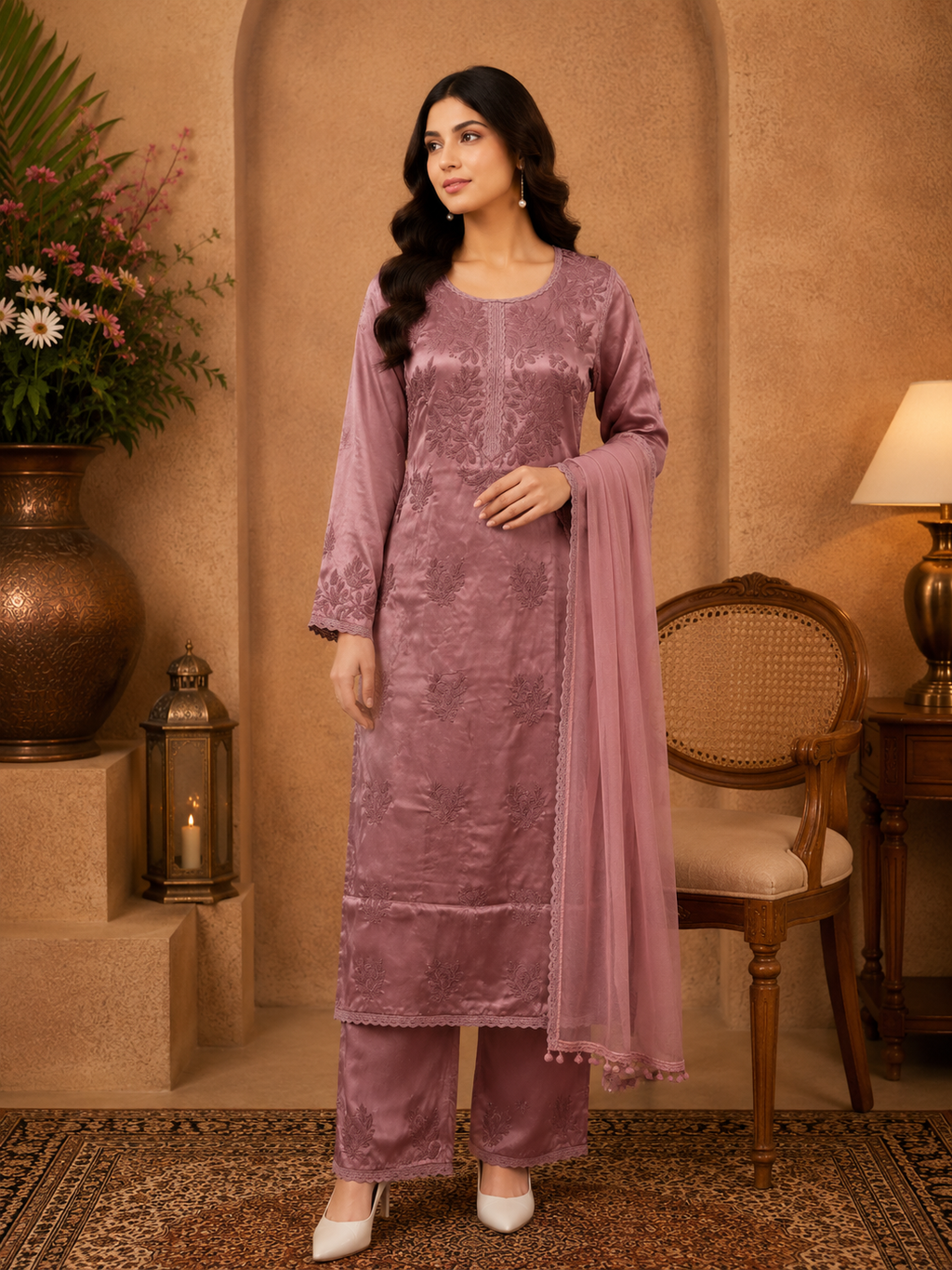 Luxury Satoron Muslin Chikankari Kurta Pant Dupatta Set for Women