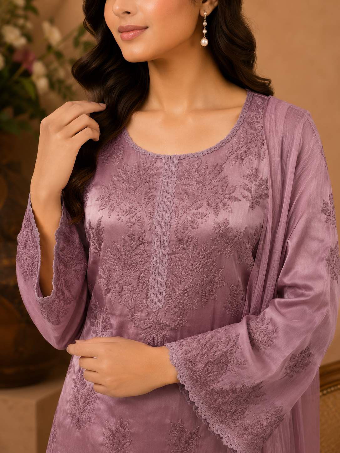 Luxury Satoron Muslin Chikankari Kurta Pant Dupatta Set for Women