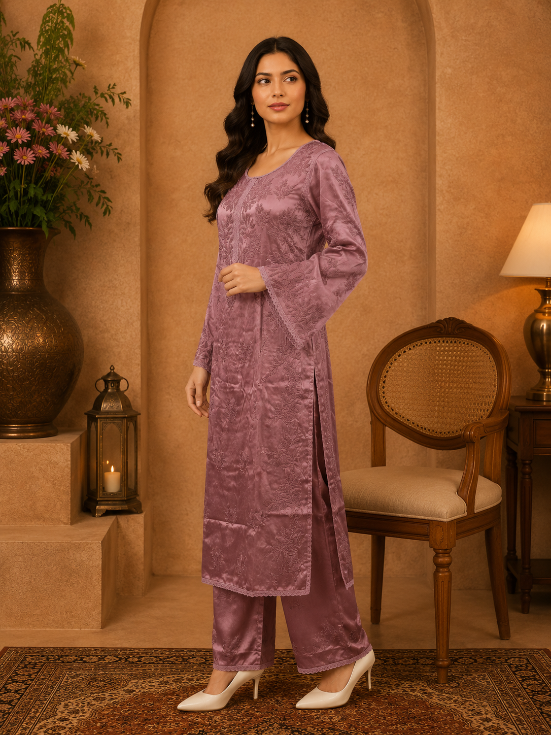 Luxury Satoron Muslin Chikankari Kurta Pant Dupatta Set for Women