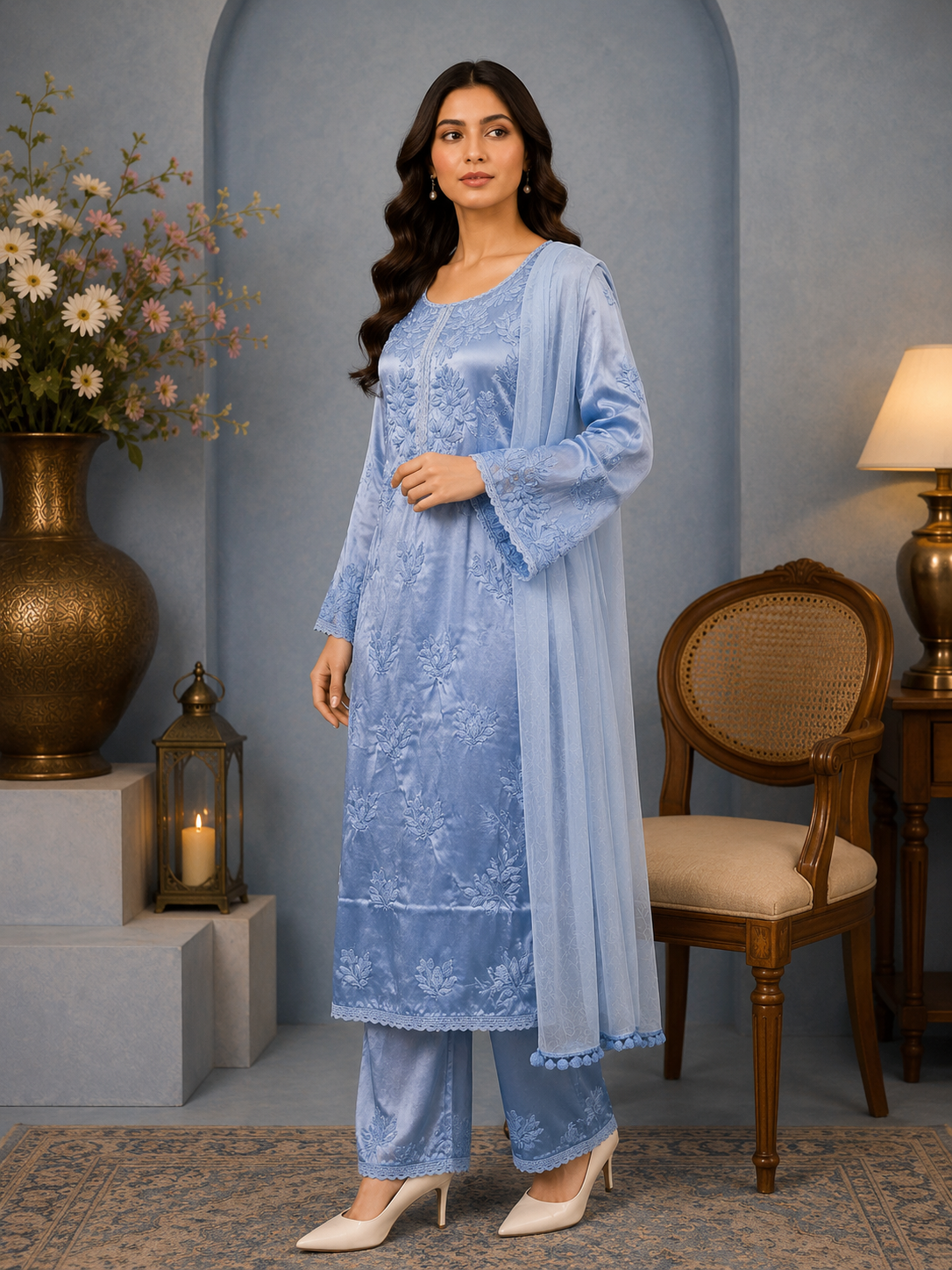 Luxury Satoron Muslin Chikankari Kurta Pant Dupatta Set for Women