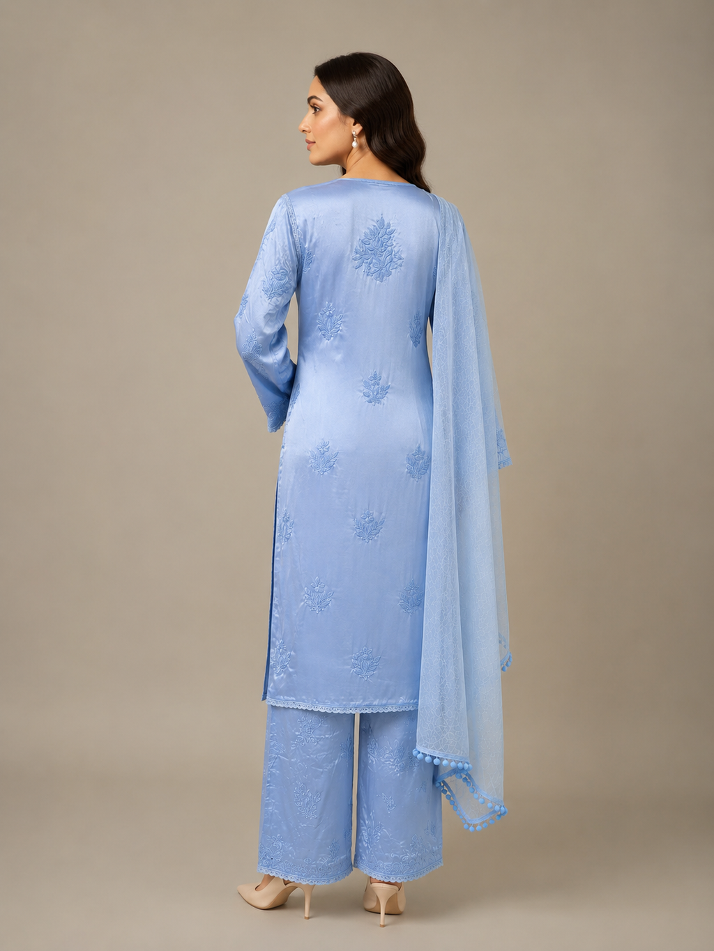 Luxury Satoron Muslin Chikankari Kurta Pant Dupatta Set for Women