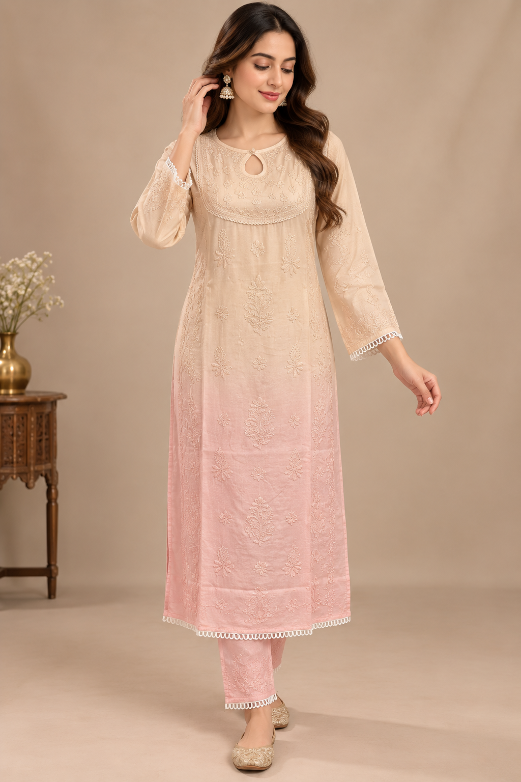 Pastel Ombre Muslin Handwork Kurta Palazzo Set with Dupatta for Women | Luxury Designer Ethnic Wear