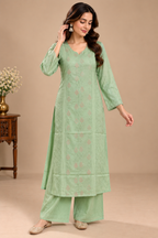 Luxury Sky Blue Chanderi Handwork Kurta Palazzo Set with Dupatta for Women | Premium Designer Ethnic Wear