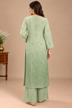 Luxury Sky Blue Chanderi Handwork Kurta Palazzo Set with Dupatta for Women | Premium Designer Ethnic Wear