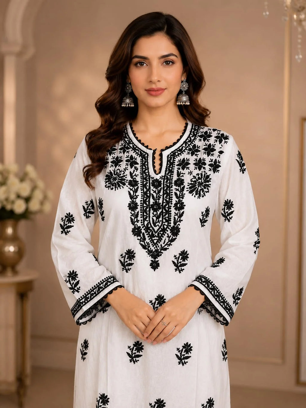 Premium White & Black Handcrafted Chikankari Kurta Palazzo Set for Women | Elegant Ethnic Wear