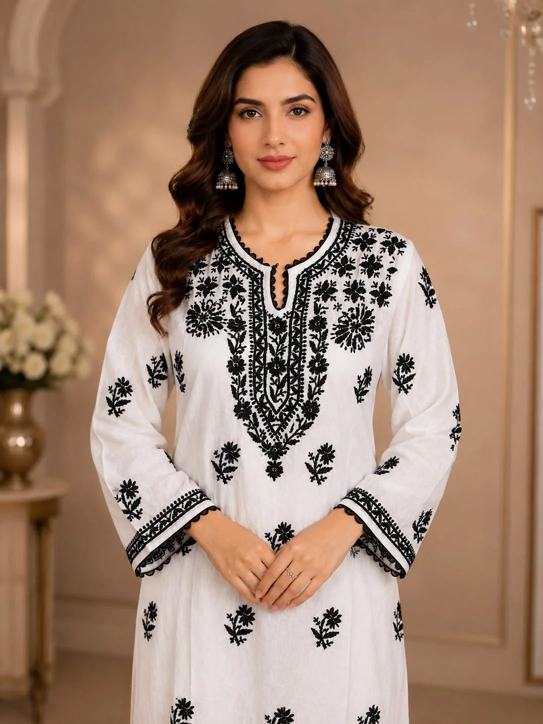 Premium White & Black Handcrafted Chikankari Kurta Palazzo Set for Women | Elegant Ethnic Wear