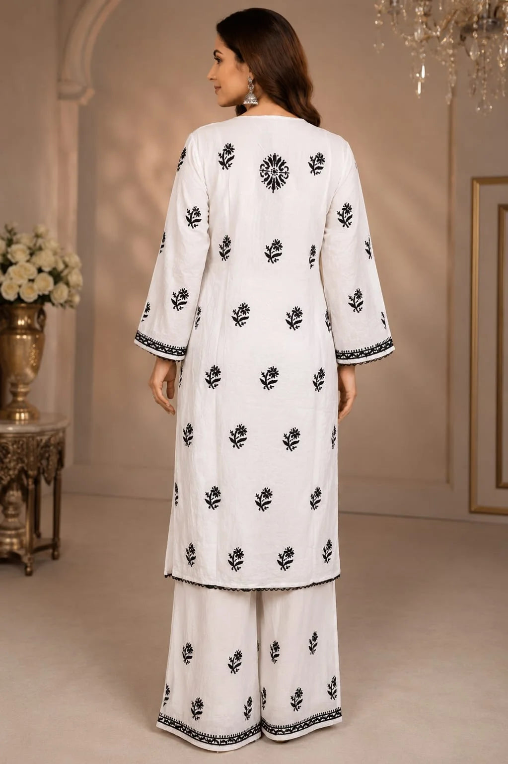Premium White & Black Handcrafted Chikankari Kurta Palazzo Set for Women | Elegant Ethnic Wear