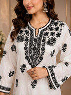 Premium White & Black Handcrafted Chikankari Kurta Palazzo Set for Women | Elegant Ethnic Wear