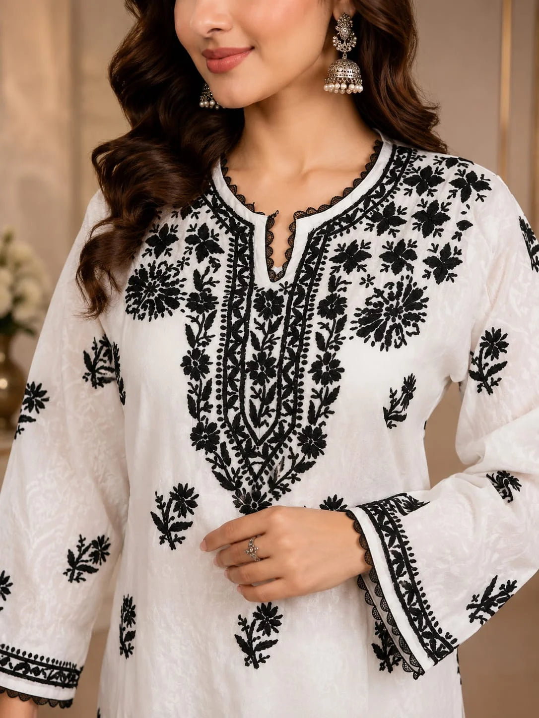 Premium White & Black Handcrafted Chikankari Kurta Palazzo Set for Women | Elegant Ethnic Wear