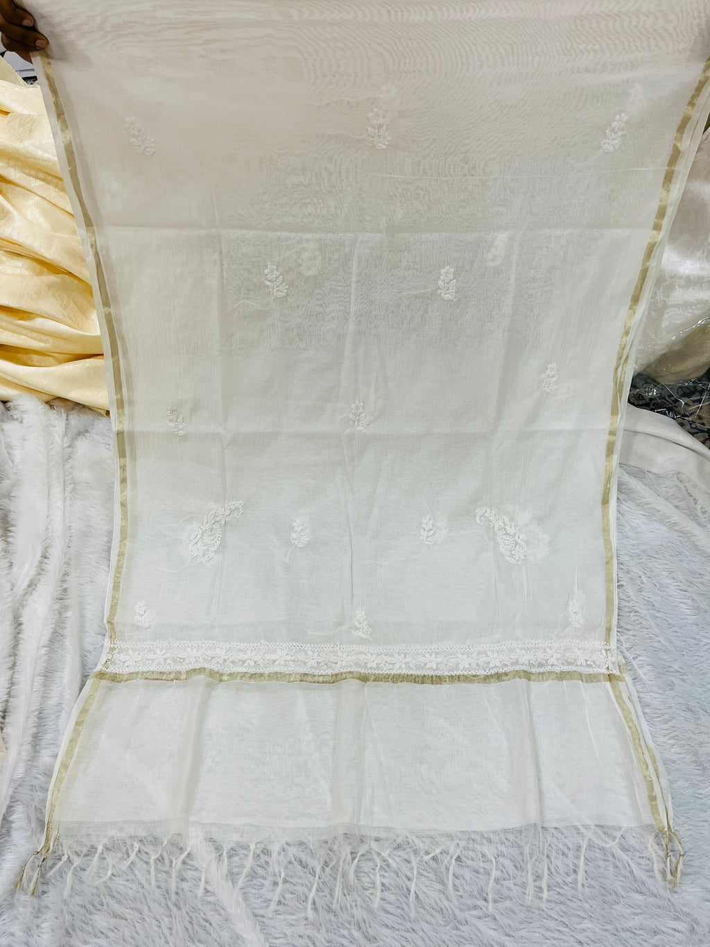 Premium Ivory Handwork Mul Chanderi Unstitched Suit Set
