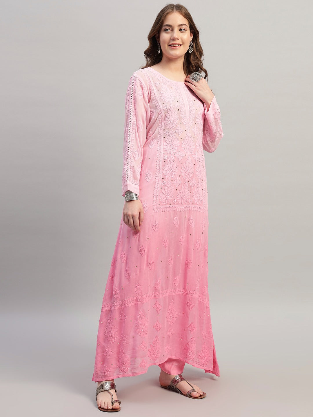 Premium Pink Muslin Embroidered Suit Set with Dupatta | Floral Thread & Sequin Work