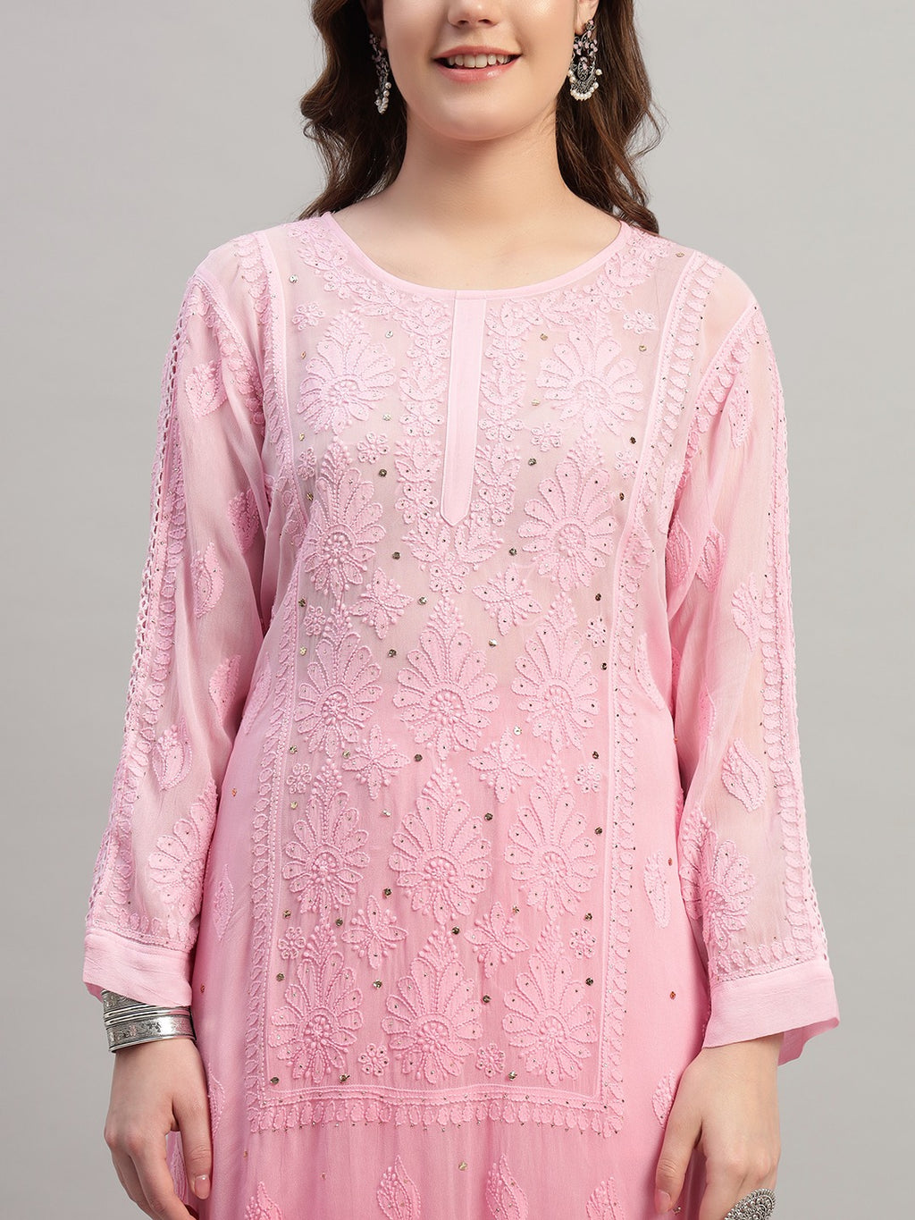 Premium Pink Muslin Embroidered Suit Set with Dupatta | Floral Thread & Sequin Work