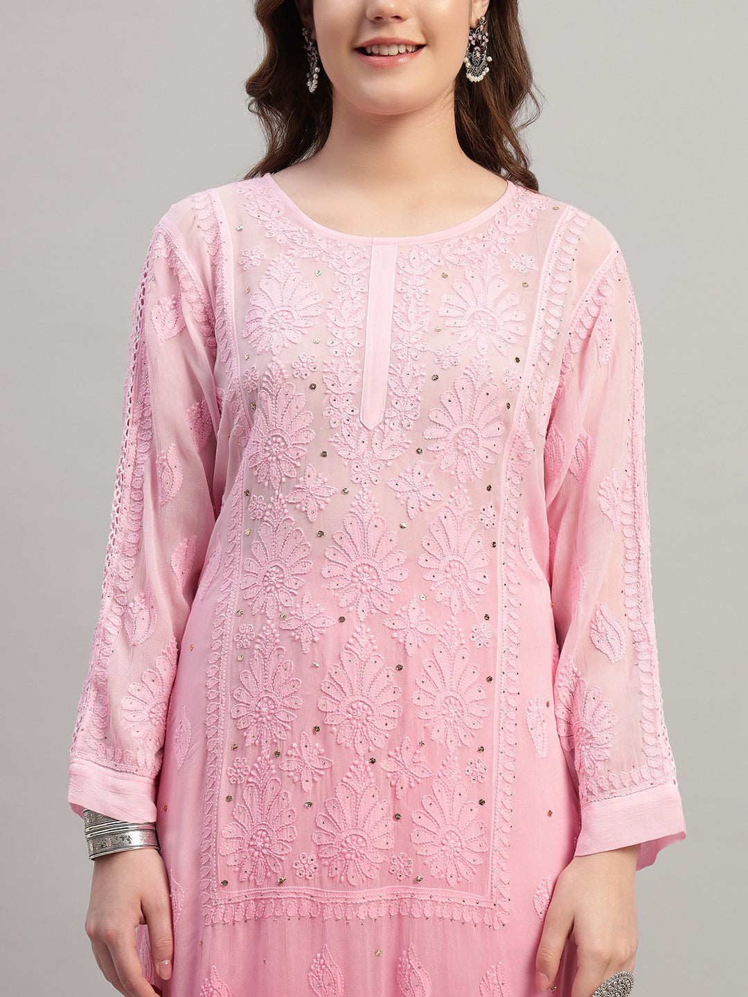 Premium Pink Muslin Embroidered Suit Set with Dupatta | Floral Thread & Sequin Work