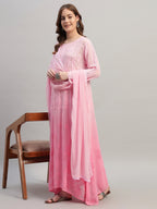 Premium Pink Muslin Embroidered Suit Set with Dupatta | Floral Thread & Sequin Work