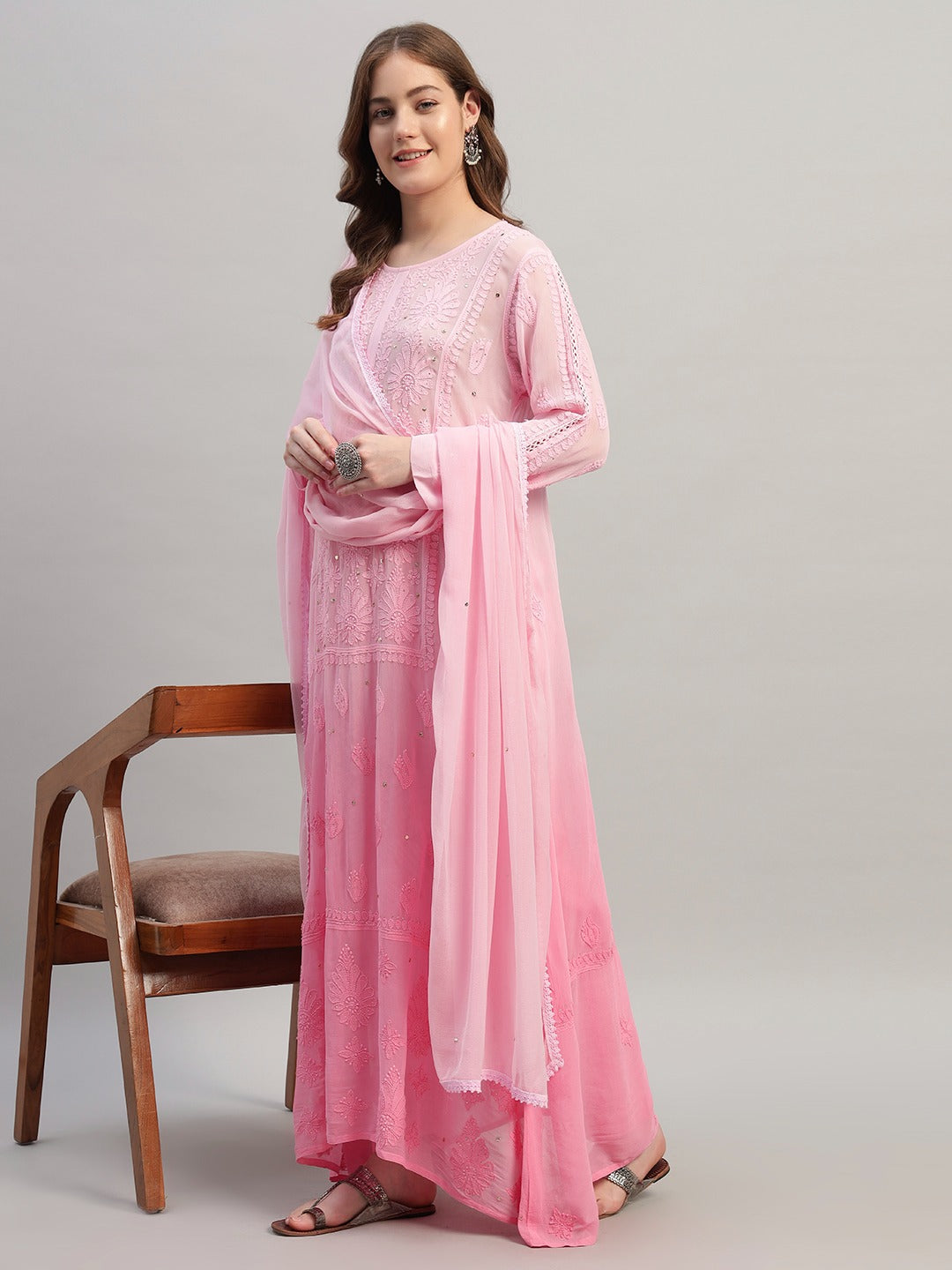 Premium Pink Muslin Embroidered Suit Set with Dupatta | Floral Thread & Sequin Work