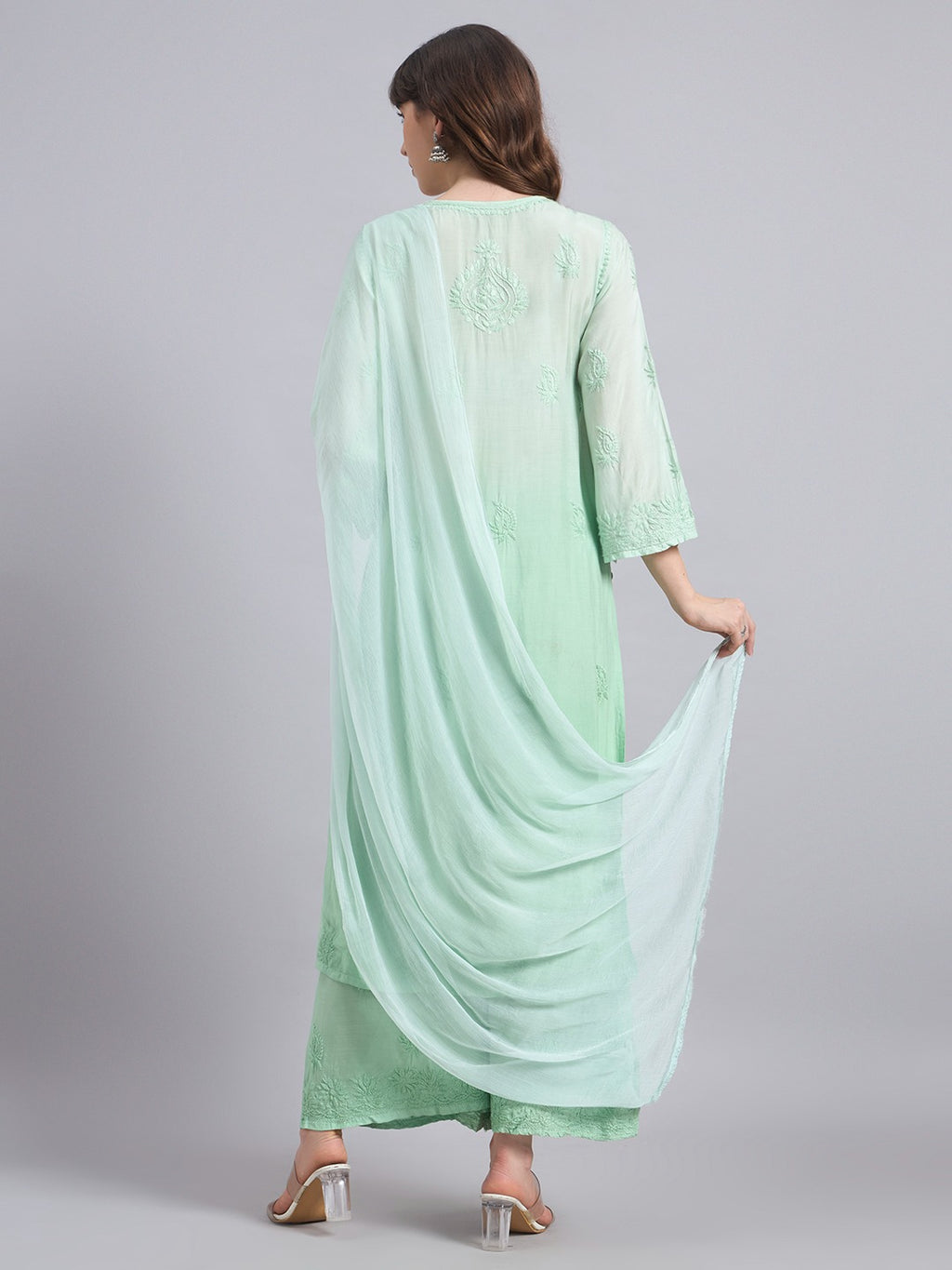 Luxury Muslin Chikankari Kurta Palazzo Dupatta Set for Women | Premium Hand Embroidered Ethnic Wear