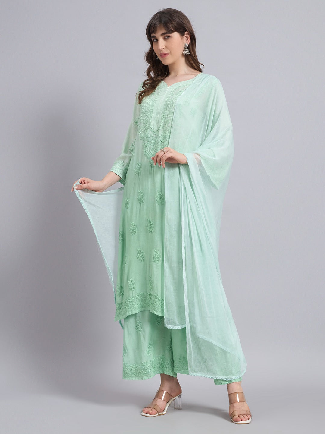 Luxury Muslin Chikankari Kurta Palazzo Dupatta Set for Women | Premium Hand Embroidered Ethnic Wear