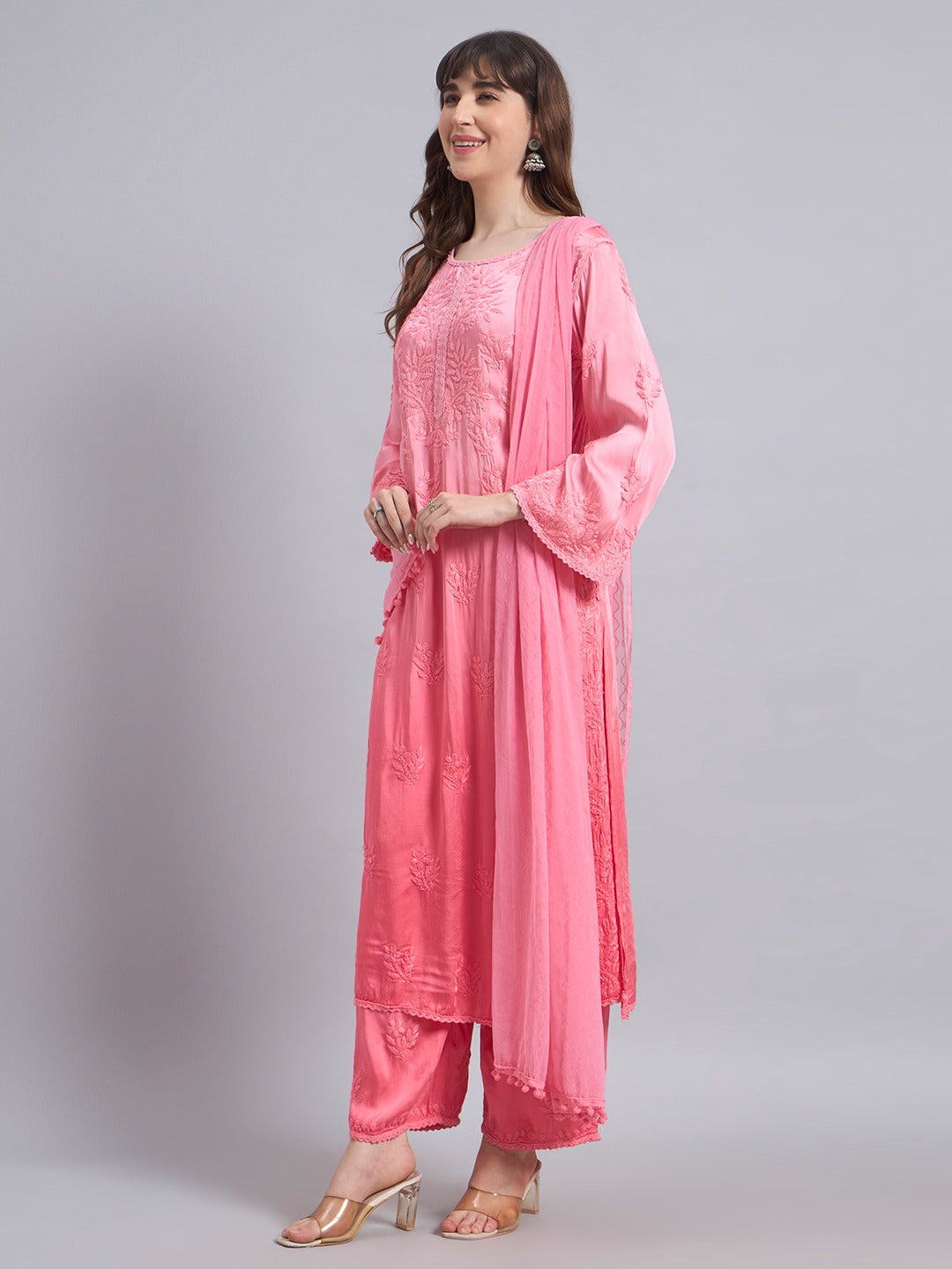 Luxury Satoron Muslin Chikankari Kurta Pant Dupatta Set for Women