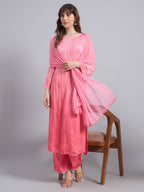 Luxury Satoron Muslin Chikankari Kurta Pant Dupatta Set for Women