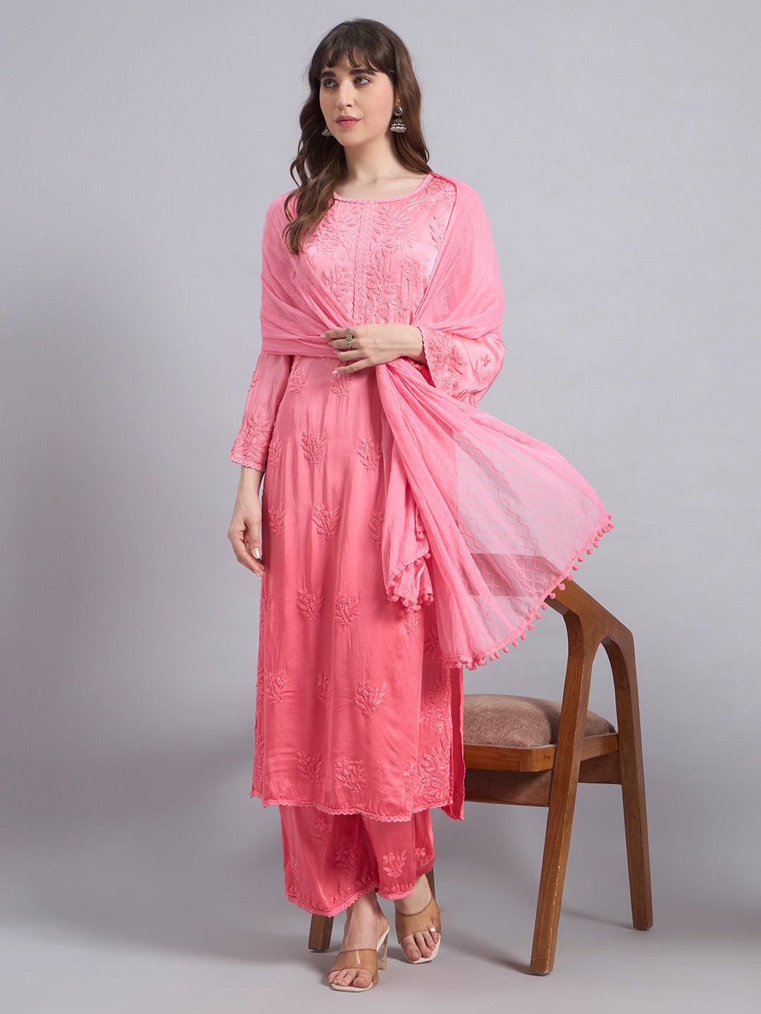Luxury Satoron Muslin Chikankari Kurta Pant Dupatta Set for Women
