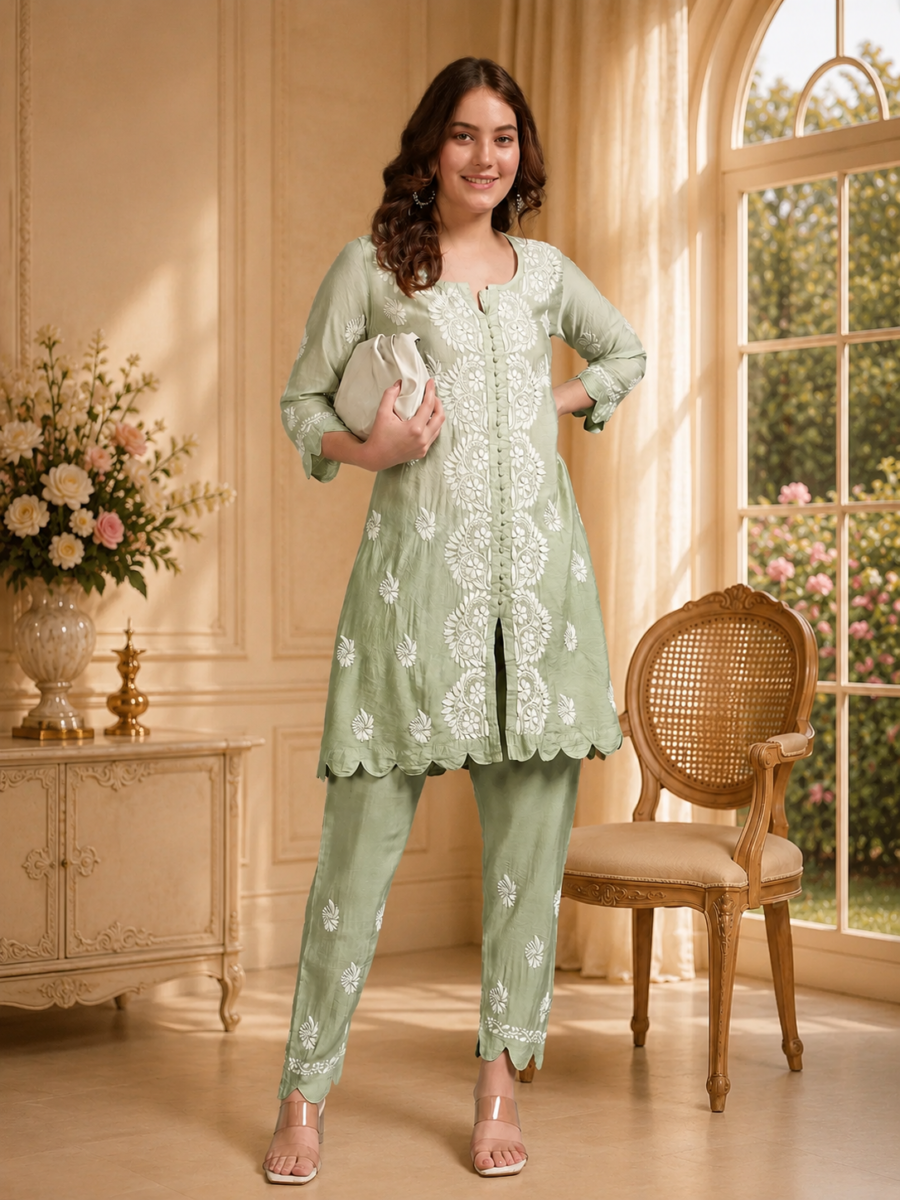 Luxury Green Muslin Hand Embroidered Co-Ord Set for Women | Premium Muslin Kurti Pant Set