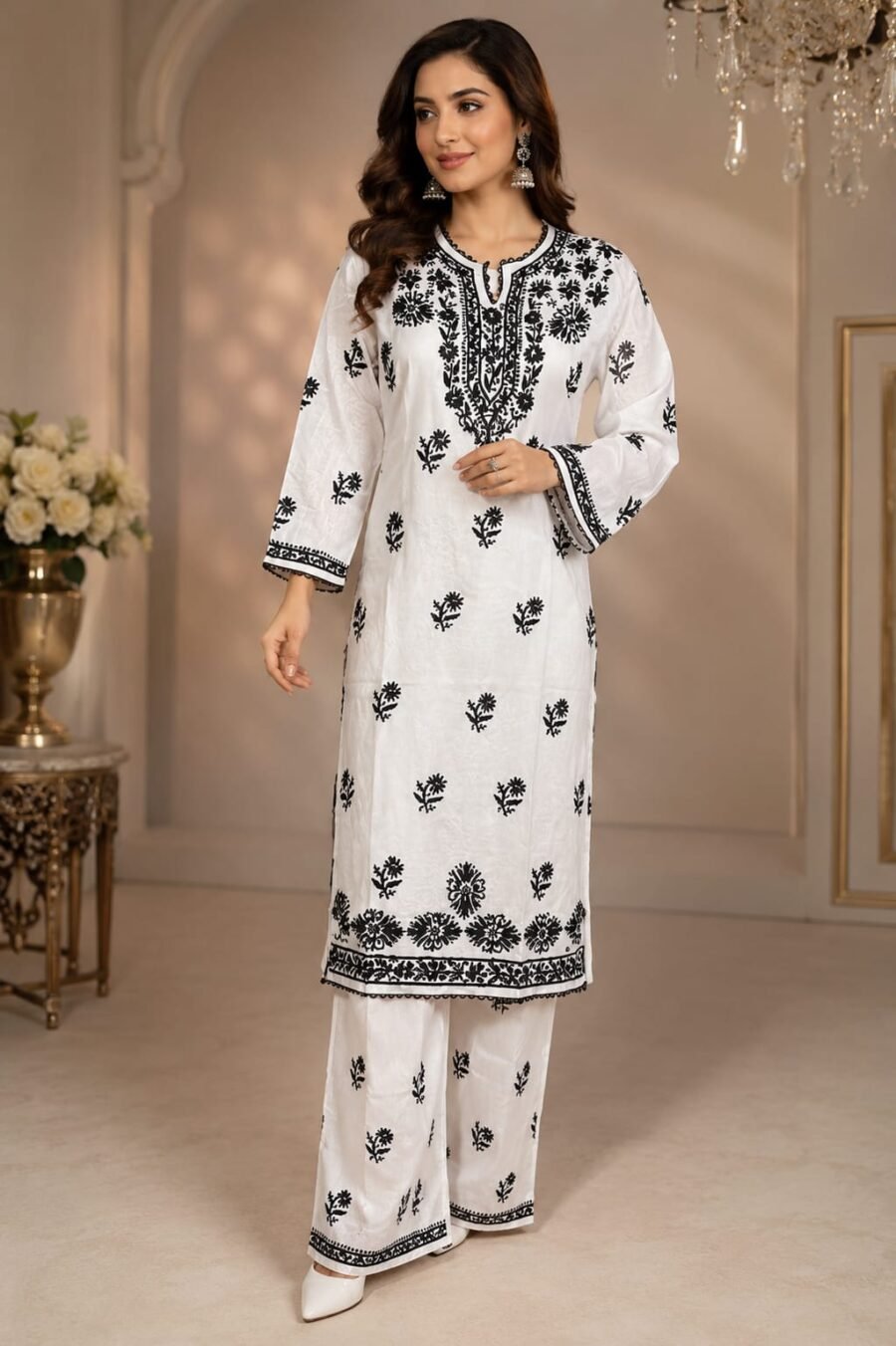 Elegant White & Black Rayon Embroidered Kurti for Women