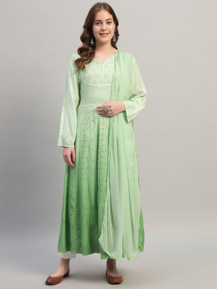 Dusty Rose & Royal Blue Ombre Chikankari Anarkali Suit Set with Dupatta for Women | Lucknowi Embroidery (Copy)