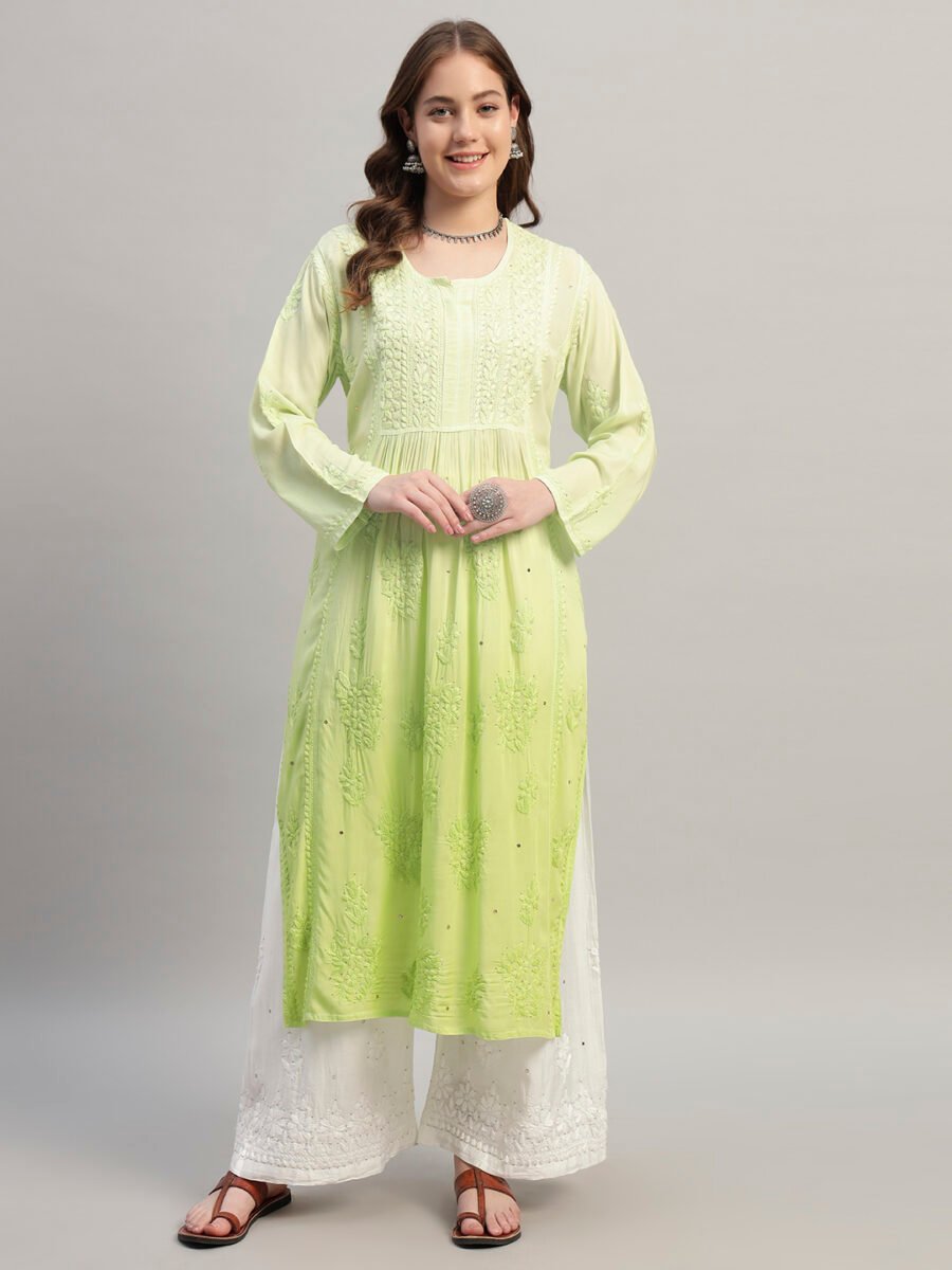 Dusty Rose & Royal Blue Ombre Chikankari Anarkali Suit Set with Dupatta for Women | Lucknowi Embroidery