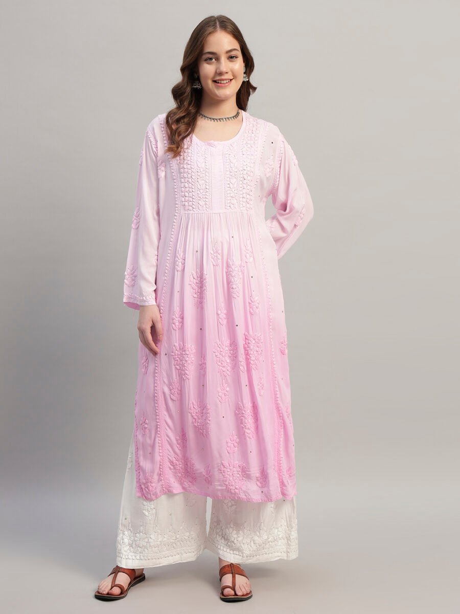 Dusty Rose & Royal Blue Ombre Chikankari Anarkali Suit Set with Dupatta for Women | Lucknowi Embroidery