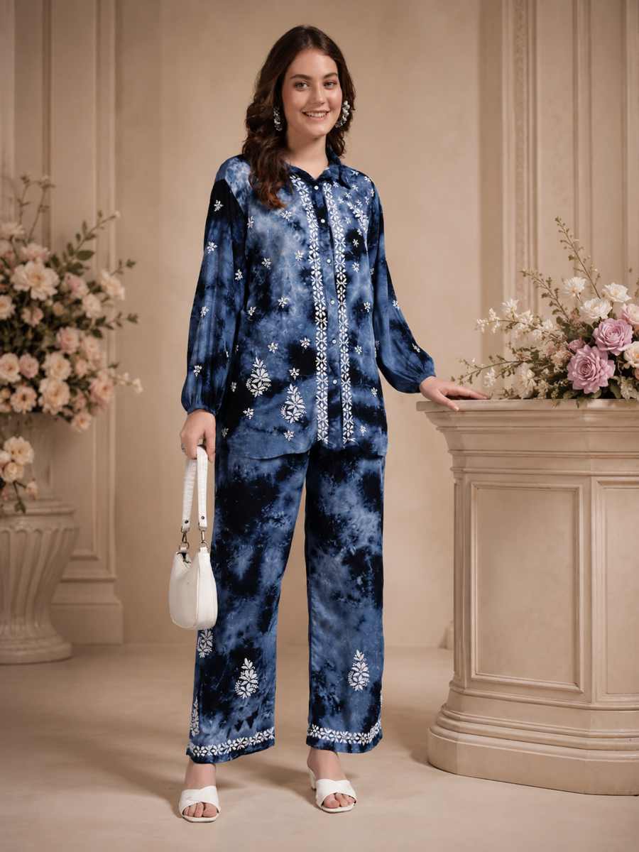 Luxury Navy Blue Modal Hand Embroidered Co-Ord Set for Women | Premium Tie-Dye Modal Shirt & Pant Set